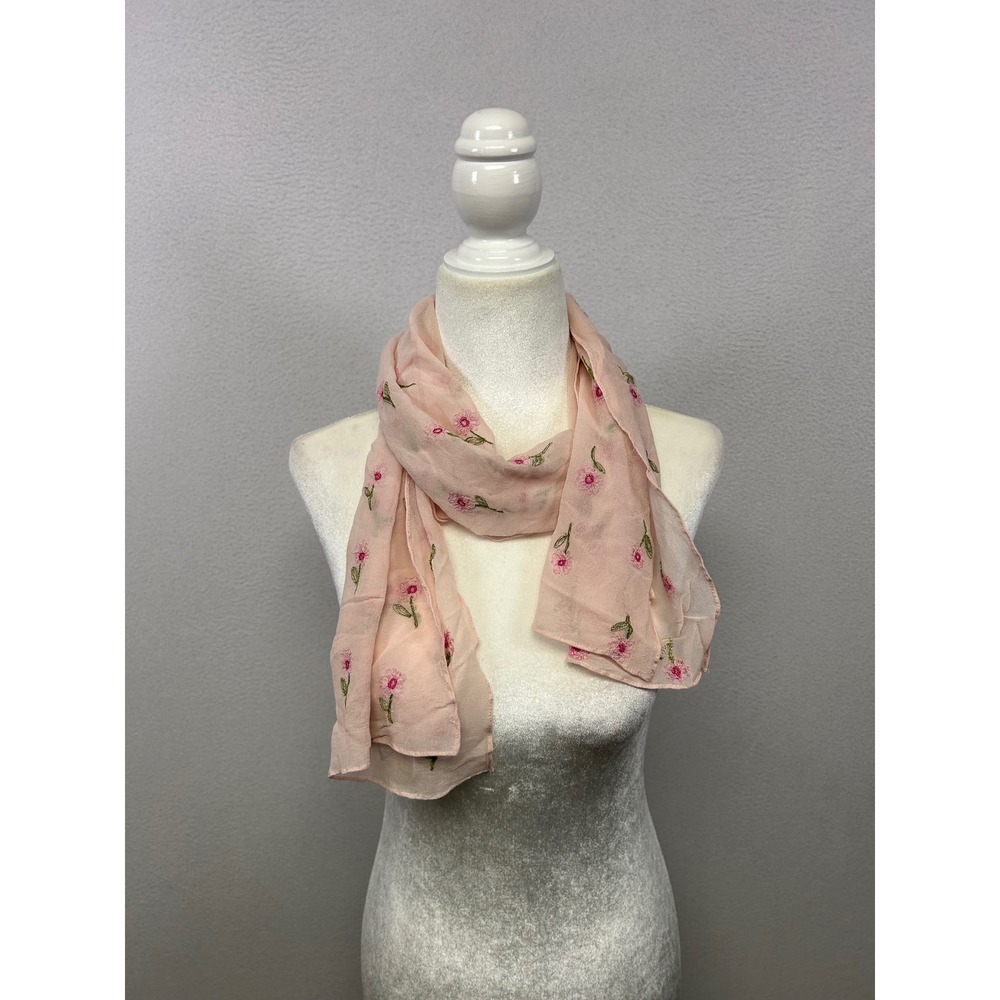 Cottagecore Fairycore Dainty Womens OS Pink Floral Embroidered Sheer Scarf